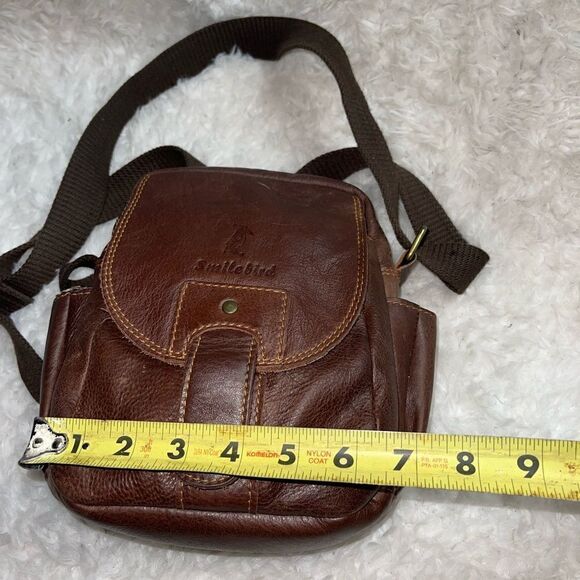 Smile Bird Leather faded Brown Men small messenger bag .Nylon adjustable strap. - Picture 7 of 11